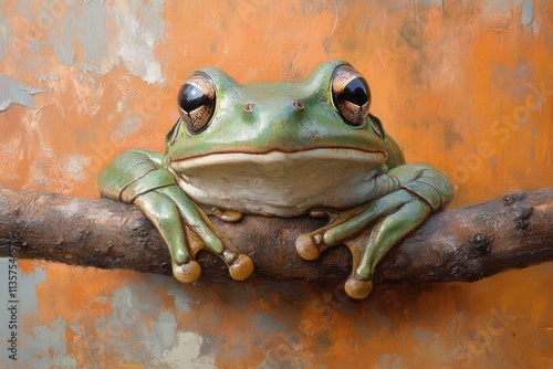 Green tree frog perched on branch, striking pose. Perfect for nature, wildlife, or amphibian themes. photo