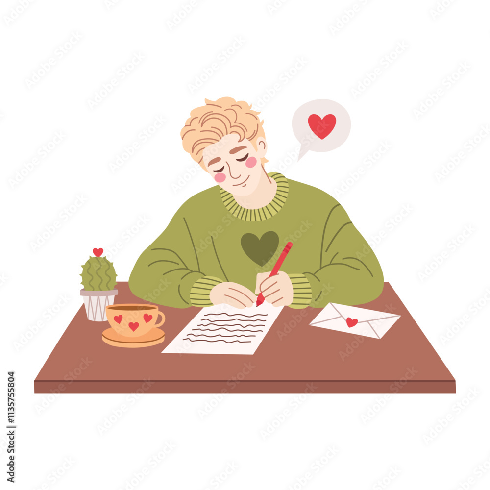Handsome guy, boy, man with blond hair writes a love letter at a desk. Vector flat illustration isolated on transparent background for valentine's day. Handsome guy, boy, man with blond hair writes a love letter at a desk. Vector flat illustration isolated on transparent background for valentine's day.