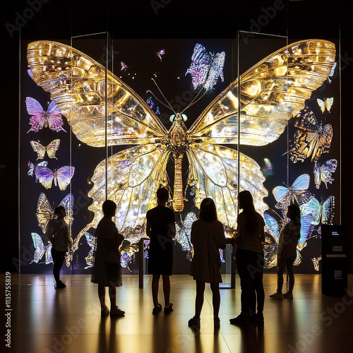 Silhouettes of people observing a large illuminated butterfly projection in a vibrant and immersive exhibition space photo