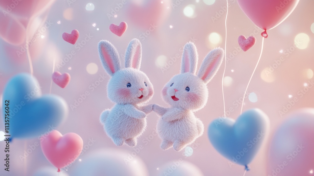Whimsical romantic 3D bunny render with heart balloons and bokeh Whimsical romantic 3D bunny render with heart balloons and bokeh