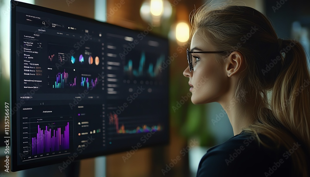 Data management system visual with an analyst reviewing performance metrics Data management system visual with an analyst reviewing performance metrics
