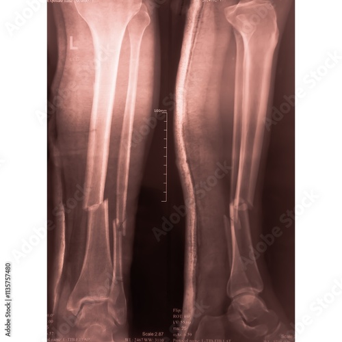 X-Ray Tibia Fibula (Lower leg) with multiple Fractures. High quality x ray image of tibia fibula.
