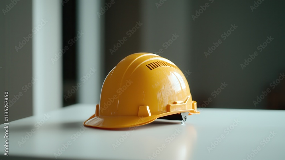 A yellow construction helmet resting on a white table. A yellow construction helmet resting on a white table.
