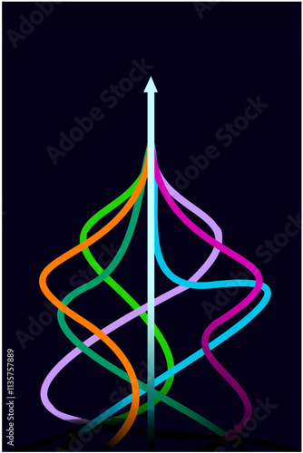 Graphic vector of multiple colored ropes converging into arrows isolated on black background, Arrow in same direction for rising to successtrator 