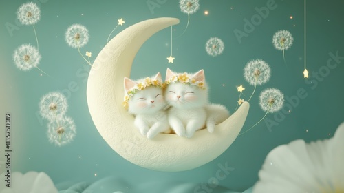 Whimsical 3D render featuring cartoon cats on crescent moon