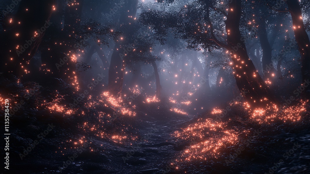 A captivating forest scene with bioluminescent mushrooms emitting a soft glow amidst the trees, creating a fairytale ambiance A captivating forest scene with bioluminescent mushrooms emitting a soft glow amidst the trees, creating a fairytale ambiance