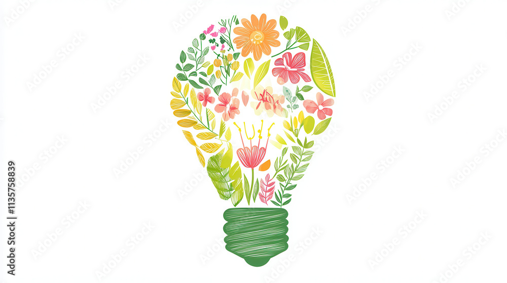 A whimsical flat graphic of a lightbulb made entirely from leaves and flowers, glowing softly as if powered by nature, set on a pure white background A whimsical flat graphic of a lightbulb made entirely from leaves and flowers, glowing softly as if powered by nature, set on a pure white background