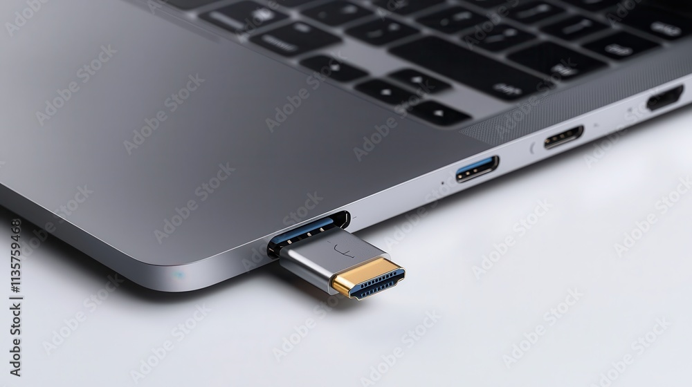 A USB flash drive plugged into a sleek laptop. A USB flash drive plugged into a sleek laptop.
