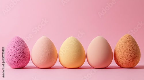 This collection of beauty blender sponges is great for applying liquid foundation, concealer, and bb cream over a pink background. It also includes an egg blender for applying foundation. photo