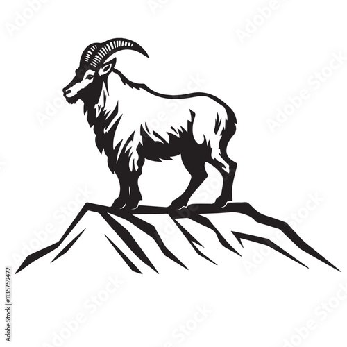 Bold, stylized silhouette of a majestic mountain goat standing on a rocky peak, representing strength and resilience in nature. Animals.