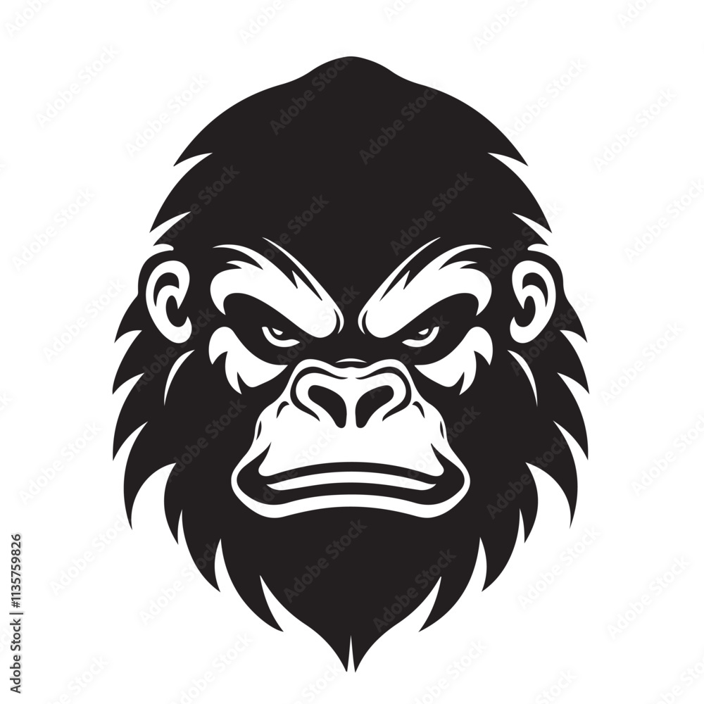 Bold black and white illustration of an angry gorilla head, featuring sharp lines and intense expression, perfect for logos or mascots, Wildlife Vector Designs. Bold black and white illustration of an angry gorilla head, featuring sharp lines and intense expression, perfect for logos or mascots, Wildlife Vector Designs.