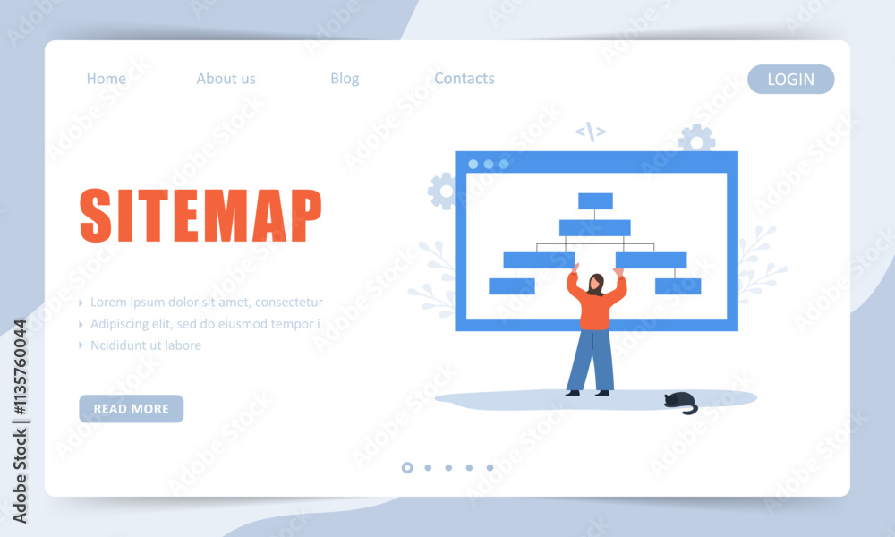 Sitemap concept. Landing page template. Website navigation for the user. Arab Female Developer creation Strategy. UX designer workflow. Vector illustration. Sitemap concept. Landing page template. Website navigation for the user. Arab Female Developer creation Strategy. UX designer workflow. Vector illustration.