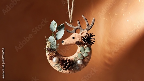 Hanging on a Christmas tree, a plush reindeer ornament with a bell and antlers adds a festive holiday feel. photo