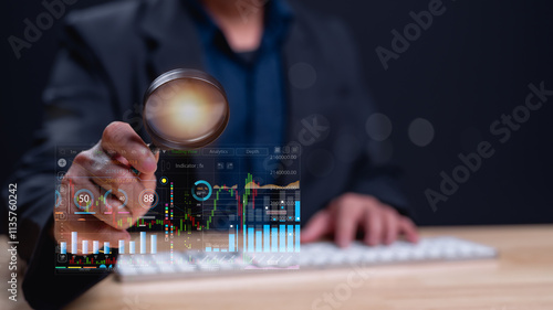 Professional examines financial graphs on digital interface, symbolizing data analysis and market research, highlighting importance of informed decision-making in trading photo