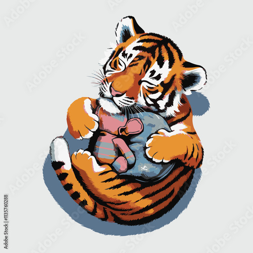 A tiny tiger cub cuddles a stuffed animal close. Its eyes are closed, and it looks content and peaceful.