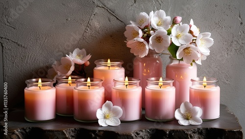 A peaceful and fragrant atmosphere is created by the soft pink scent candles in glass jars with blooming sakura flowers on a textured gray surface. photo