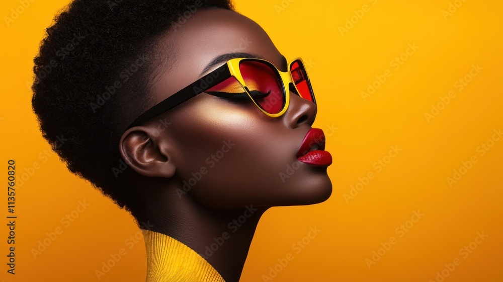 Stylish Black Woman Posing With Yellow Sunglasses Stylish Black Woman Posing With Yellow Sunglasses