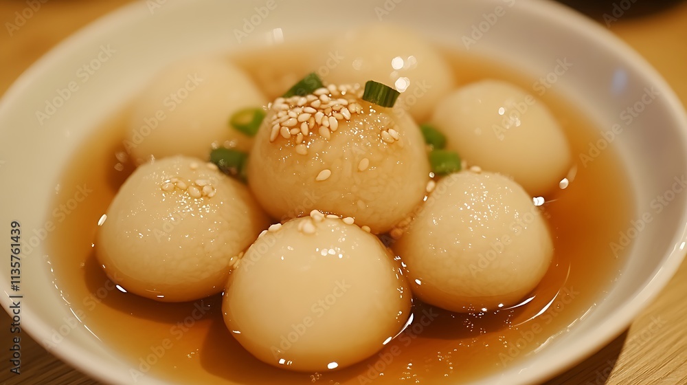 A delicious plate of sweet rice balls, Tangyuan, filled with sesame paste, served in a sweet ginger syrup A delicious plate of sweet rice balls, Tangyuan, filled with sesame paste, served in a sweet ginger syrup