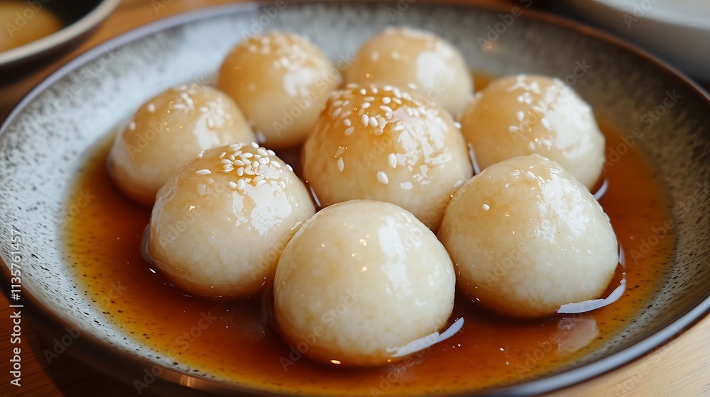 A delicious plate of sweet rice balls, Tangyuan, filled with sesame paste, served in a sweet ginger syrup A delicious plate of sweet rice balls, Tangyuan, filled with sesame paste, served in a sweet ginger syrup