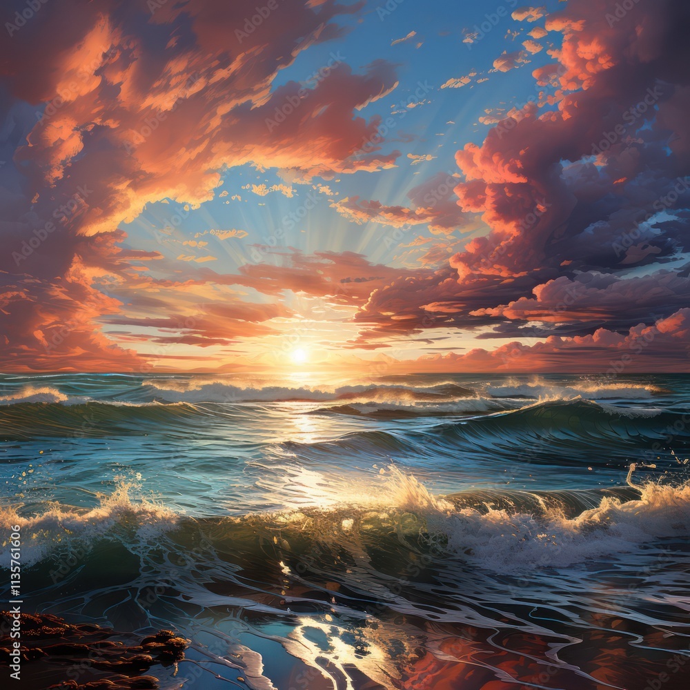 Fototapeta premium beautiful cloud patterns and sunsets on the sunlit ocean By Generated AI