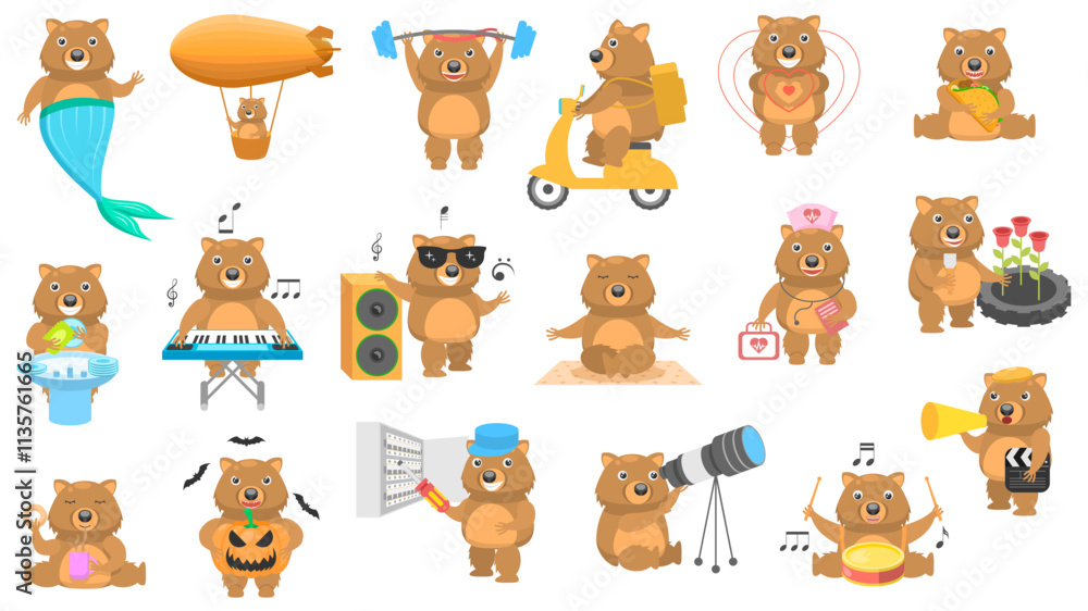 Fototapeta premium Big Set Abstract Collection Flat Cartoon Different Animal Wombats Vector Design Fauna Wildlife