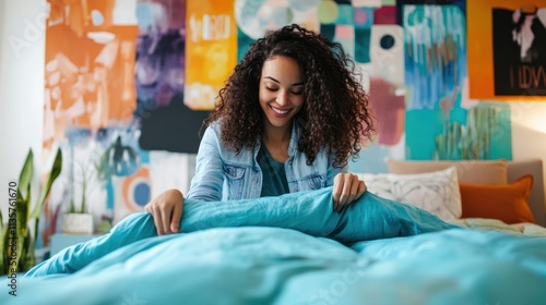 Happy young woman making her bed in a colorful bedroom.