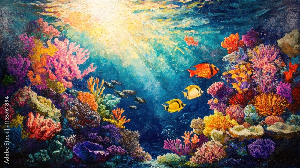 Fototapeta premium Underwater scene with vibrant coral and fish.
