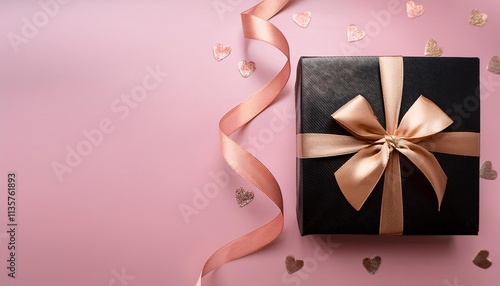 Black Gift Box with Rose Gold Ribbon on Pink Background. Top View of Anniversary Gifts with Copy Space