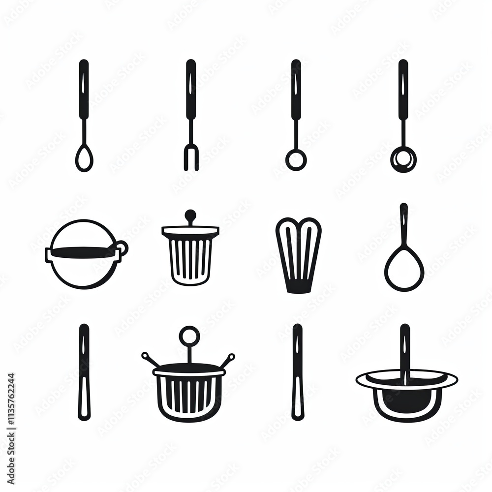 Fototapeta premium A set of black and white kitchen utensils on white background. The utensile set includes a slotted spoon, fork, ladle, serving spoon, two strainers, whisk, slotted turner, tea infuser, and colander.