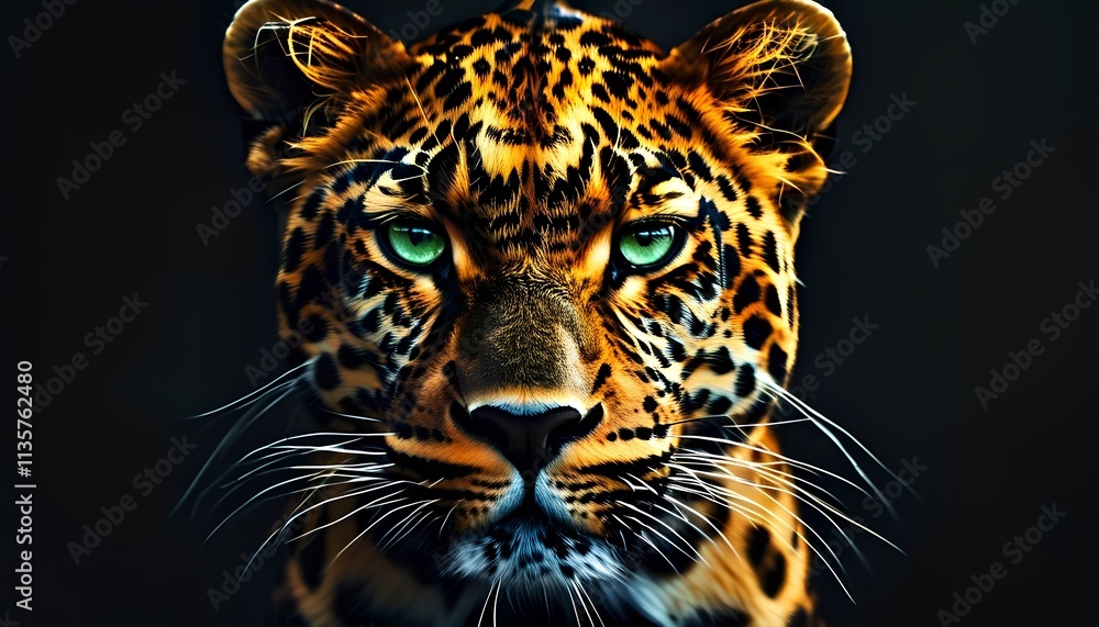 A majestic leopard stares directly at the viewer, its piercing green eyes captivating. The dark background emphasizes the leopard's vibrant coat and intense gaze.  