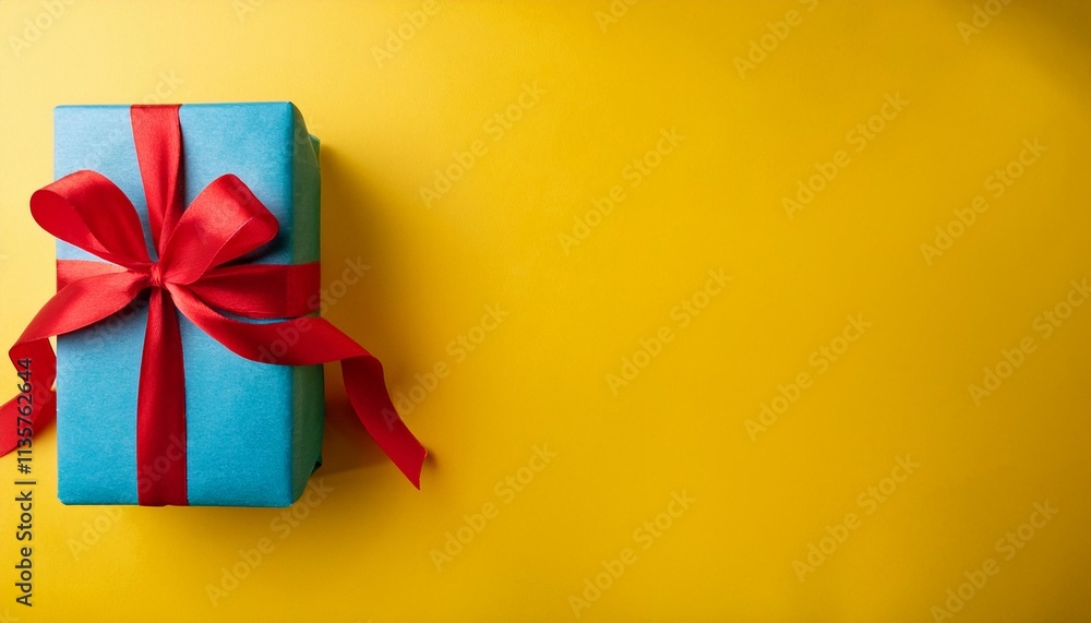 Blue Gift Box with Red Ribbon on Yellow Background. Top View of Children Day Gifts with Copy Space Blue Gift Box with Red Ribbon on Yellow Background. Top View of Children Day Gifts with Copy Space