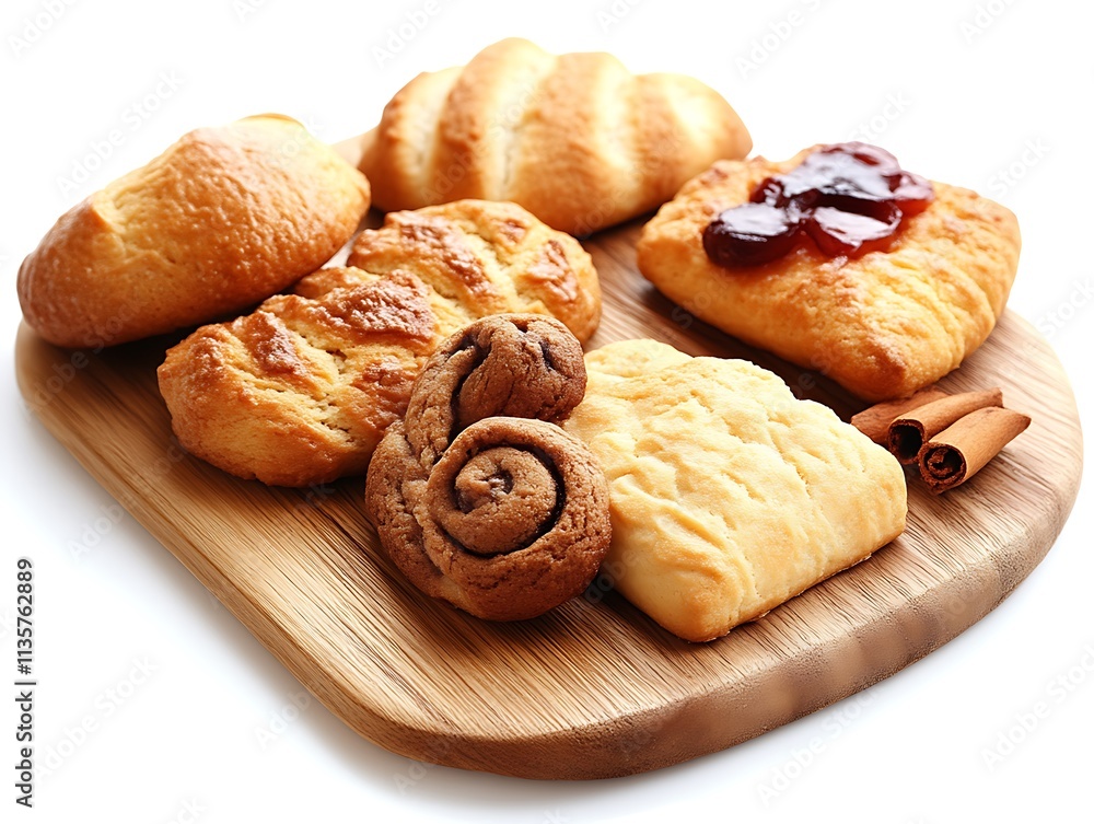 Assorted baked goods arranged on a wooden board Assorted baked goods arranged on a wooden board