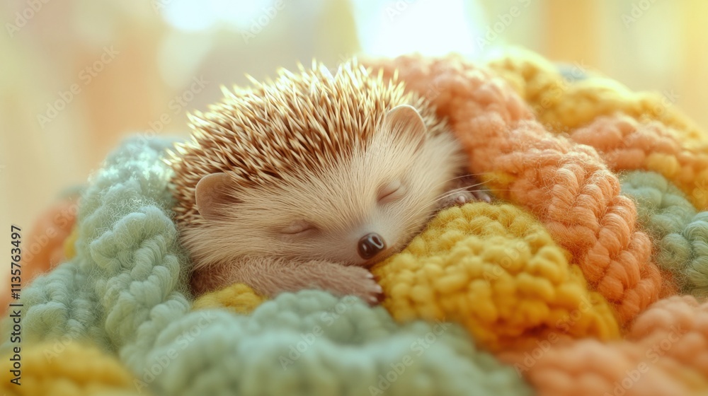 Peaceful 3D hedgehog sleeping in colorful yarn nest Peaceful 3D hedgehog sleeping in colorful yarn nest