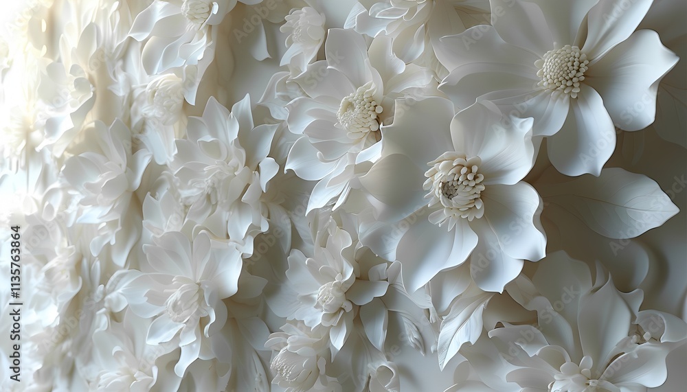 A stunning display of intricate paper flowers, crafted with delicate details and soft, white hues. The flowers create a beautiful and elegant wall decor piece. A stunning display of intricate paper flowers, crafted with delicate details and soft, white hues. The flowers create a beautiful and elegant wall decor piece.