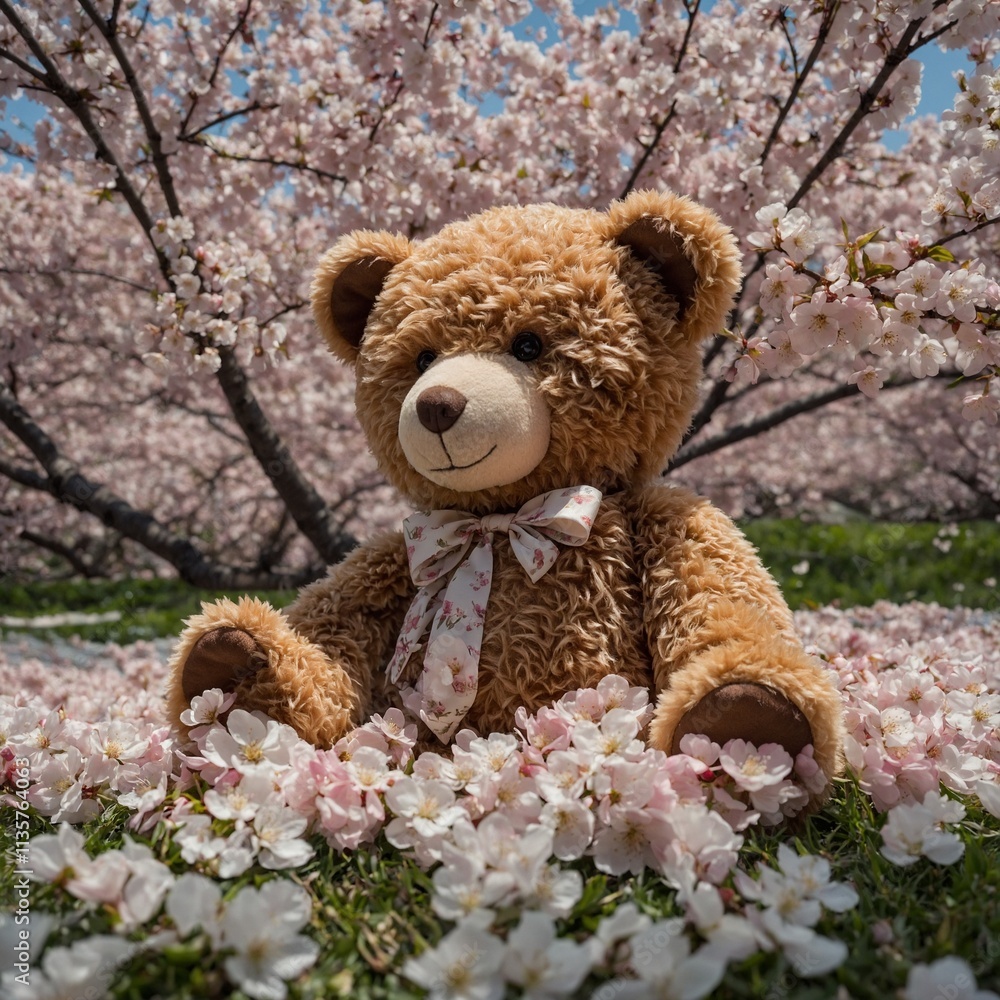 A teddy bear lying in a bed of cherry blossoms in full bloom during spring, the petals floating around.
A teddy bear lying in a bed of cherry blossoms in full bloom during spring, the petals floating around.