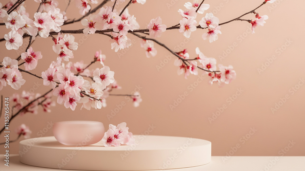 Beautiful cherry blossom branches arranged on a soft surface for a serene decor setting Beautiful cherry blossom branches arranged on a soft surface for a serene decor setting