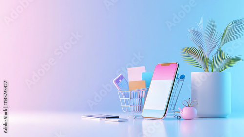 Smartphone in a shopping cart on a blue background. 3d rendering