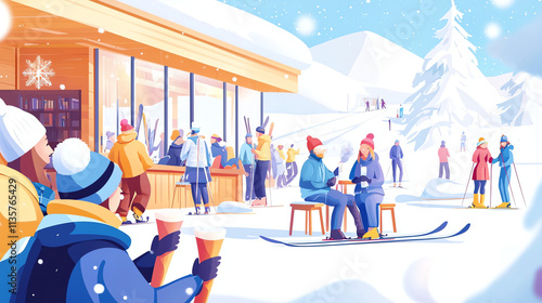 Winter sports people at ski resort. Vector cartoon illustration with people skiing, having fun, drinking coffee and eating.