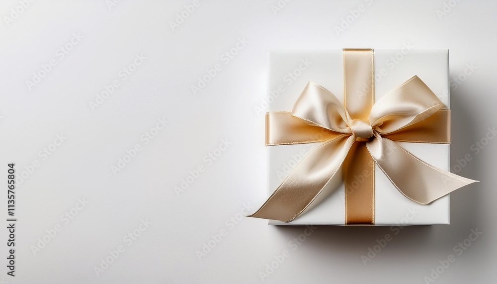 White Gift Box with Champagne Satin Ribbon on White Background. Top View of Wedding Gifts with Copy Space White Gift Box with Champagne Satin Ribbon on White Background. Top View of Wedding Gifts with Copy Space
