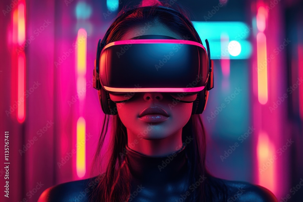 Stylish Woman in VR Headset with Colorful Futuristic Vibes Stylish Woman in VR Headset with Colorful Futuristic Vibes
