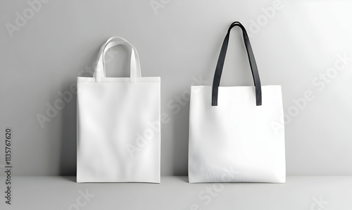 model hold blank white fabric tote bag for save environment on street fashion photo