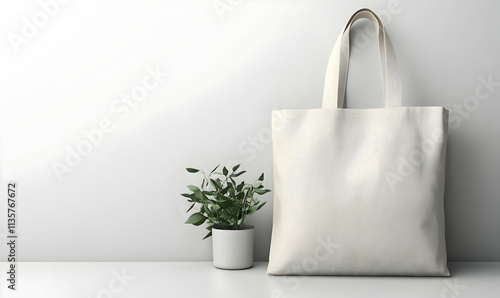 model hold blank white fabric tote bag for save environment on street fashion photo