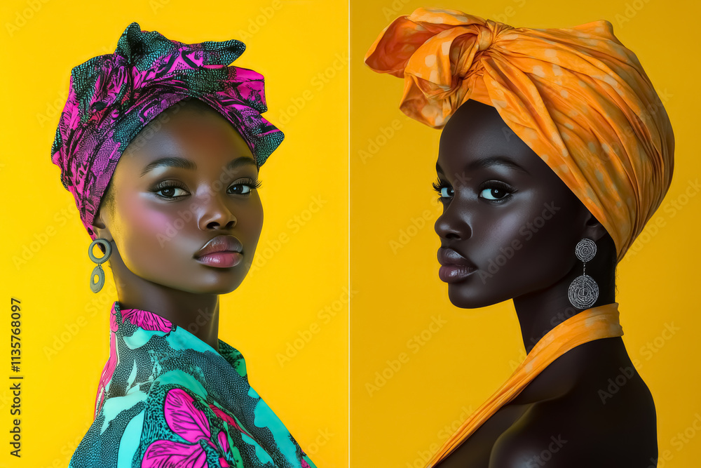 Obraz premium Two beautiful black women with bright headdresses on a yellow background.
