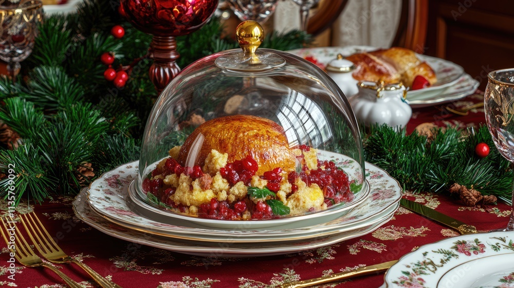 Fototapeta premium Festive Holiday Table Setting with Cloche and Seasonal Decorations