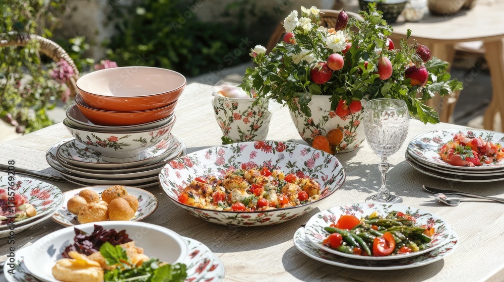 Elegant Outdoor Dining Setup with Fresh Seasonal Dishes and Flowers Elegant Outdoor Dining Setup with Fresh Seasonal Dishes and Flowers