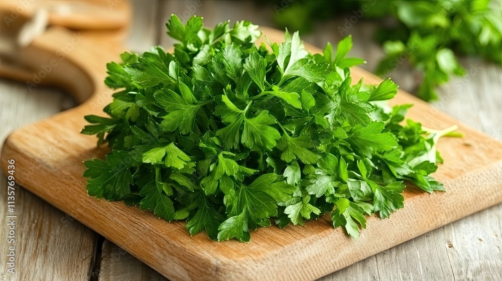 Fresh Green Parsley on Wooden Cutting Board in Kitchen Environment Fresh Green Parsley on Wooden Cutting Board in Kitchen Environment