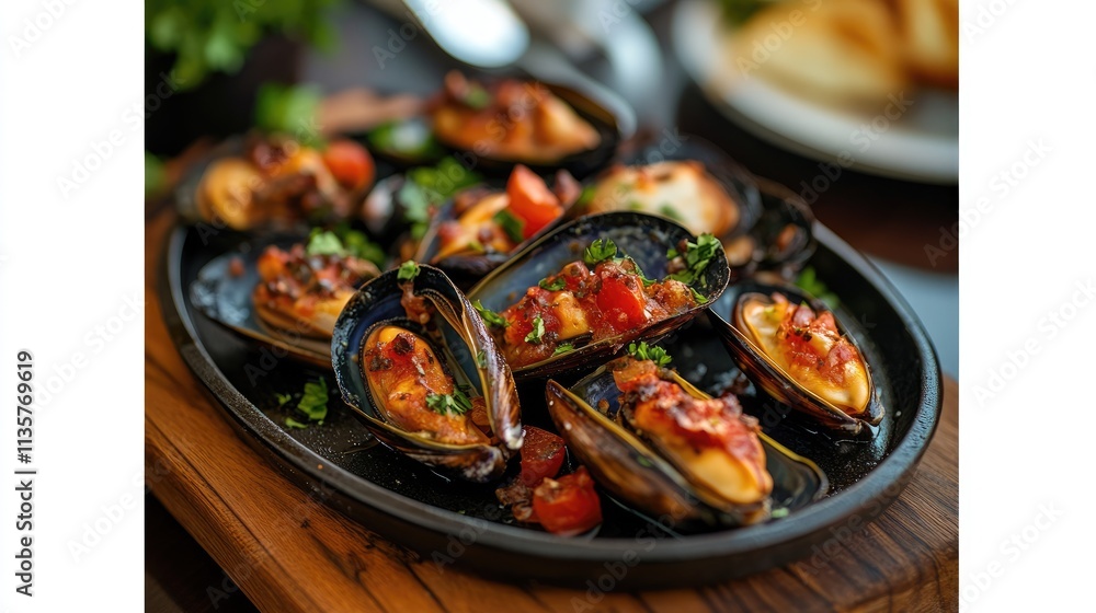 Fresh Seafood Platter with Grilled Mussels and Tomato Garnish Fresh Seafood Platter with Grilled Mussels and Tomato Garnish