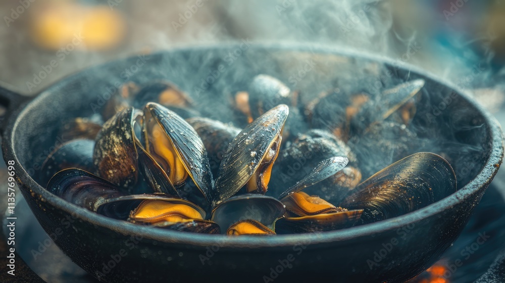 Steaming Mussels Cooking in a Black Pan Over a Flame Outdoors Steaming Mussels Cooking in a Black Pan Over a Flame Outdoors