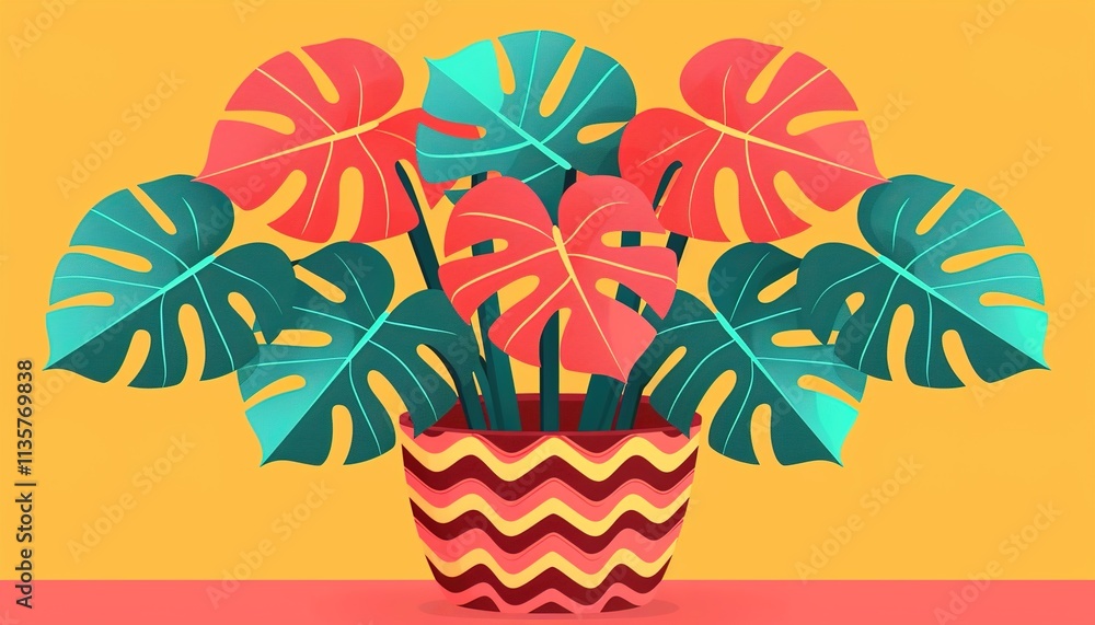 Fototapeta premium One continuous line drawing of monstera leaf in vase. Stylish boho house flower for design 