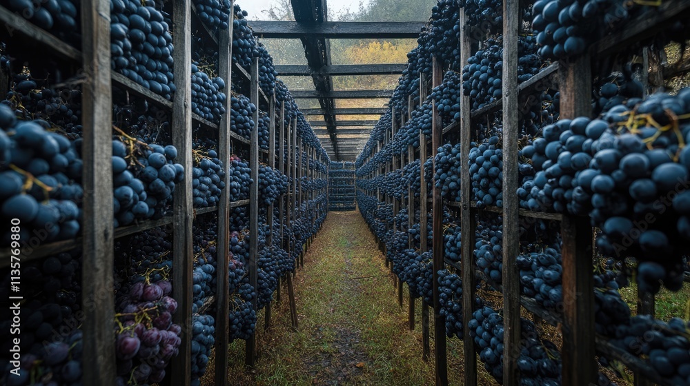 Rows of Plump Grapes Hanging in a Vineyard Under Cloudy Sky Rows of Plump Grapes Hanging in a Vineyard Under Cloudy Sky